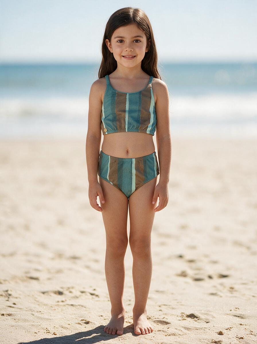 O mesmo conjunto de biquíni infantil vestido em uma modelo, com cenário de praia ao fundo